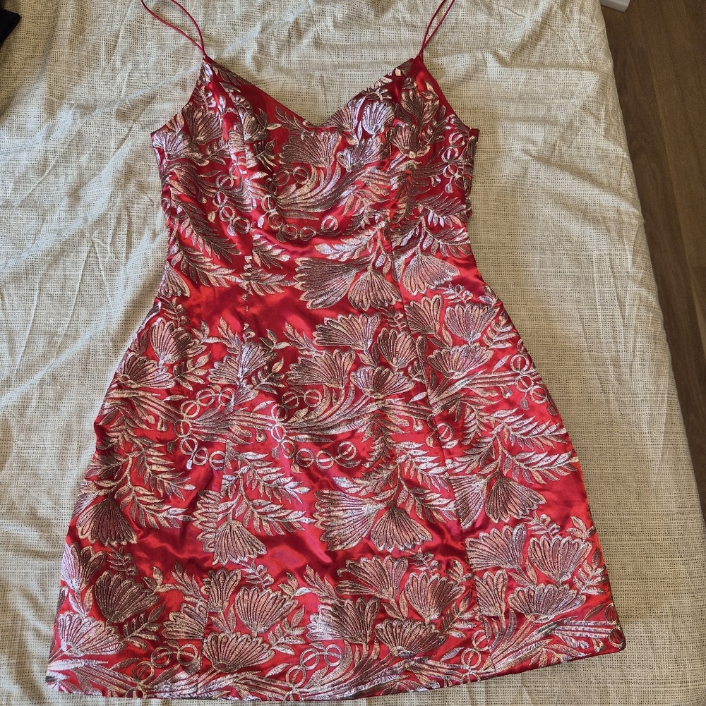 Mestiza Red and Gold Jacquard Floral Mini Dress